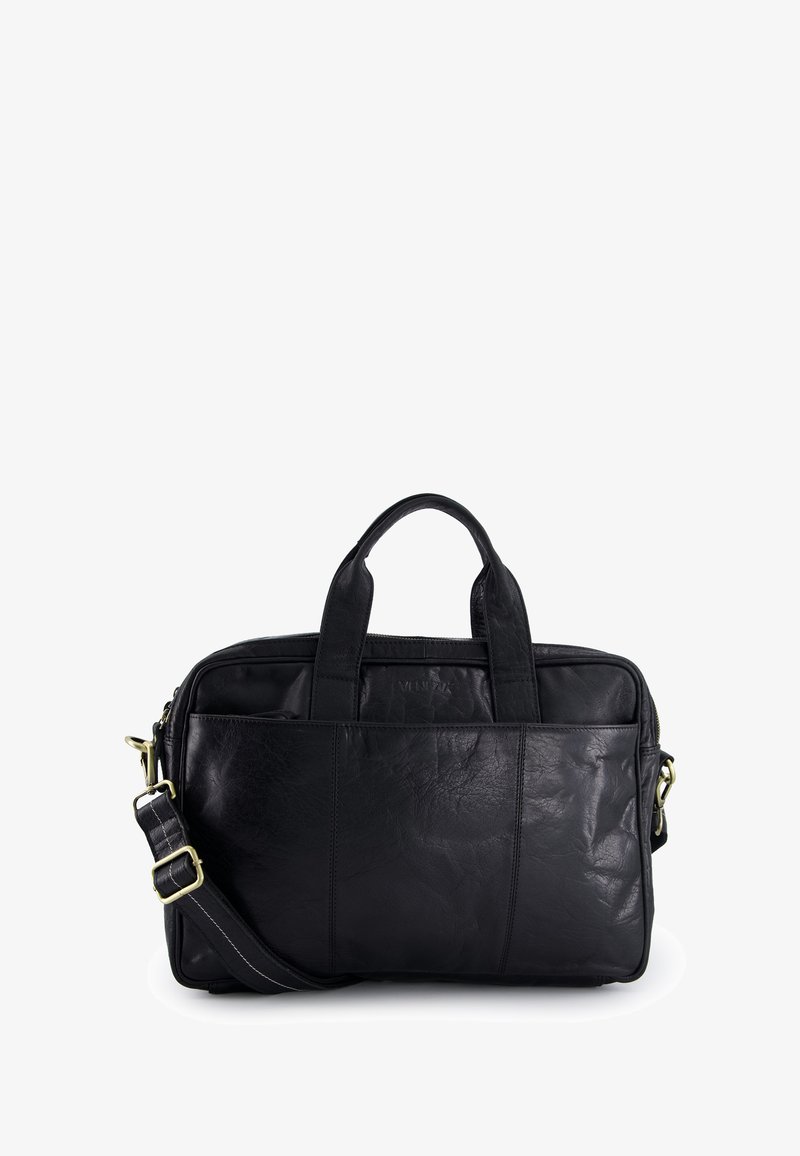 Černá kožená aktovka s dvojitými horními uchyty a nastavitelným ramenním popruhem. Vyznačuje se hladkým, texturovaným povrchem a zlatými akcenty.