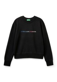 Černá mikina s kulatým výstřihem, ribbovanými manžetami a spodním lemem. Na hrudníku je nápis "UNITED COLORS OF BENETTON" v barevných přechodech.