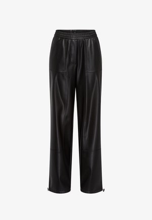 Black faux leather pants with an elastic waistband, wide-leg design, front pockets, and zip accents at the lower hem. Smooth texture.