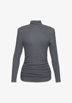 Šedý dlouhý rukáv rolák s nařasenými boky, vyrobený z měkké tkaniny. Má vysoký límeček a přiléhavý siluetu.