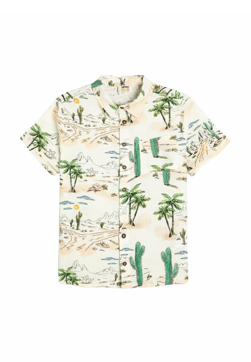 Chemise à manches courtes boutonnée couleur crème avec un imprimé de paysage désertique, présentant des cactus, des palmiers, des montagnes et des accents bleu clair.