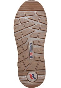 Semelle extérieure en caoutchouc marron avec un motif de traction texturé. Présente un logo incrusté et une taille numérotée sur le côté. Conçue pour l'adhérence et la durabilité.