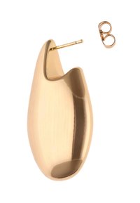 Orecchino scultoreo in tonalità oro, caratterizzato da una forma liscia e arrotondata con un'apertura curva. Include un piccolo retro circolare per l'orecchino.
