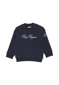 Felpa blu navy in misto cotone, con logo bianco in corsivo "Roy Roger's" sul davanti e bottoni a pressione sulla spalla.