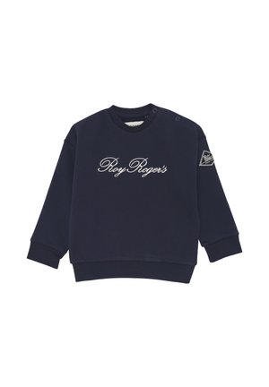 Felpa blu navy in misto cotone, con logo bianco in corsivo "Roy Roger's" sul davanti e bottoni a pressione sulla spalla.