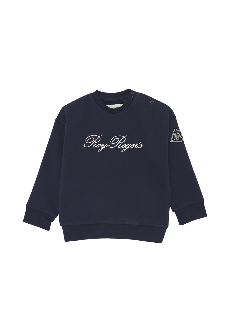 Felpa blu navy in misto cotone, con logo bianco in corsivo "Roy Roger's" sul davanti e bottoni a pressione sulla spalla.