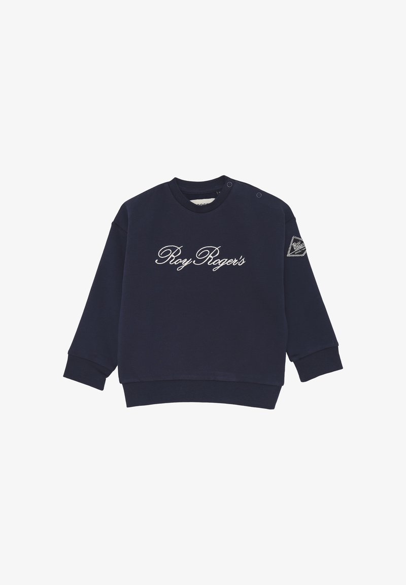 Felpa blu navy in misto cotone, con logo bianco in corsivo "Roy Roger's" sul davanti e bottoni a pressione sulla spalla.