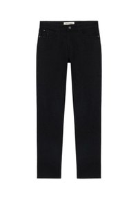 Svarta denimjeans med smal passform, fem fickor och knäppning. Slät yta med subtila sömnadsdetaljer, inga dekorationer.