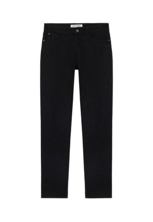 Jeans in denim nero con una vestibilità slim, cinque tasche e chiusura a bottone. Tessuto liscio con dettagli di cucitura sottili, senza decorazioni.