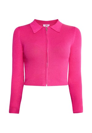 Tætsiddende, ribbet cardigan i lys pink med krave og lynlås foran. Lange ærmer, glat tekstur og cropped længde.
