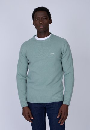Pull mint vert avec un col rond, des poignets et un ourlet côtelés. Présente un petit logo blanc sur la poitrine. Assorti à un jean bleu foncé.