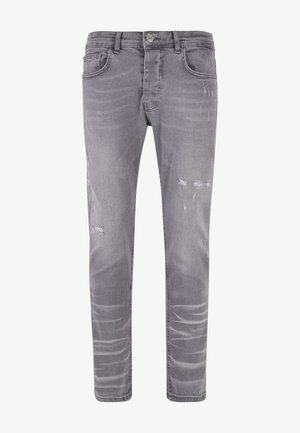 Grå denim jeans med en slim-fit design, der har slidte områder og falmede striber for tekstur. Standard fem-lommer stil med knaplukning.