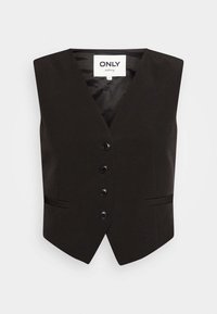 Schwarze taillierte Weste mit tiefem V-Ausschnitt, fünf Knöpfen vorne und zwei seitlichen Taschen. Aus glattem Stoff gefertigt. Schlichtes und strukturiertes Design.