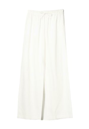 Hvide vidde linnedbukser med elastisk talje og snøre, der har sidelommer og et frontslids.