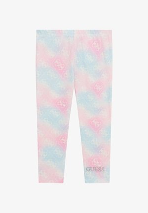 Leggings con un leggero gradiente pastello di blu e rosa, caratterizzati da un motivo logo ripetuto. Vita elasticizzata e tessuto morbido e liscio.