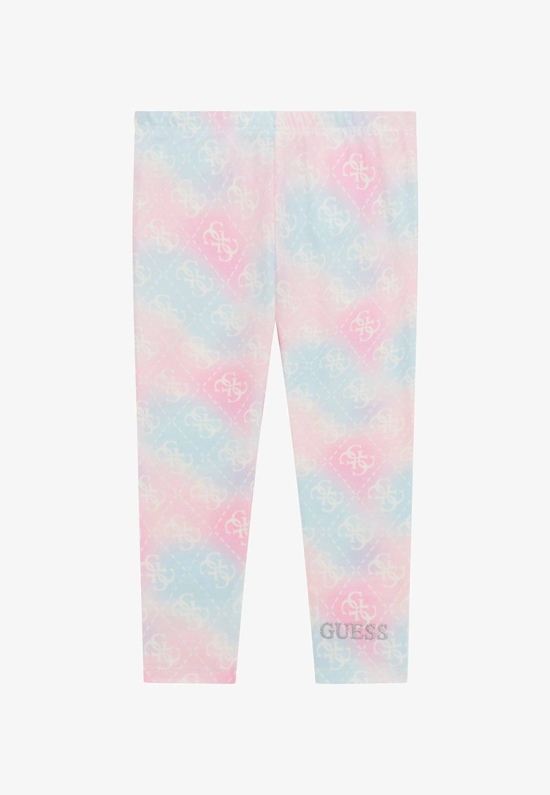 Leggings featuring a light pastel gradient of blue and pink with a repeated logo pattern. Elastic waistband and soft, smooth fabric.