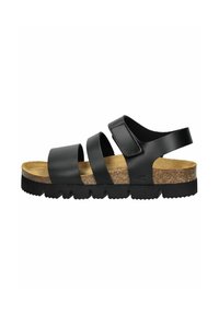 Sandale en cuir noir avec trois larges sangles et une fermeture Velcro. Semelle en liège et semelle en caoutchouc noir texturé avec des nervures.
