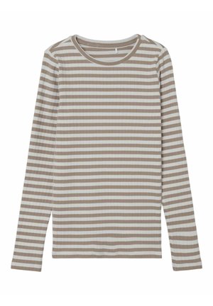 Camicia a maniche lunghe a righe beige e bianche, texture a coste, scollatura rotonda, con orlo dritto e maniche con polsini.