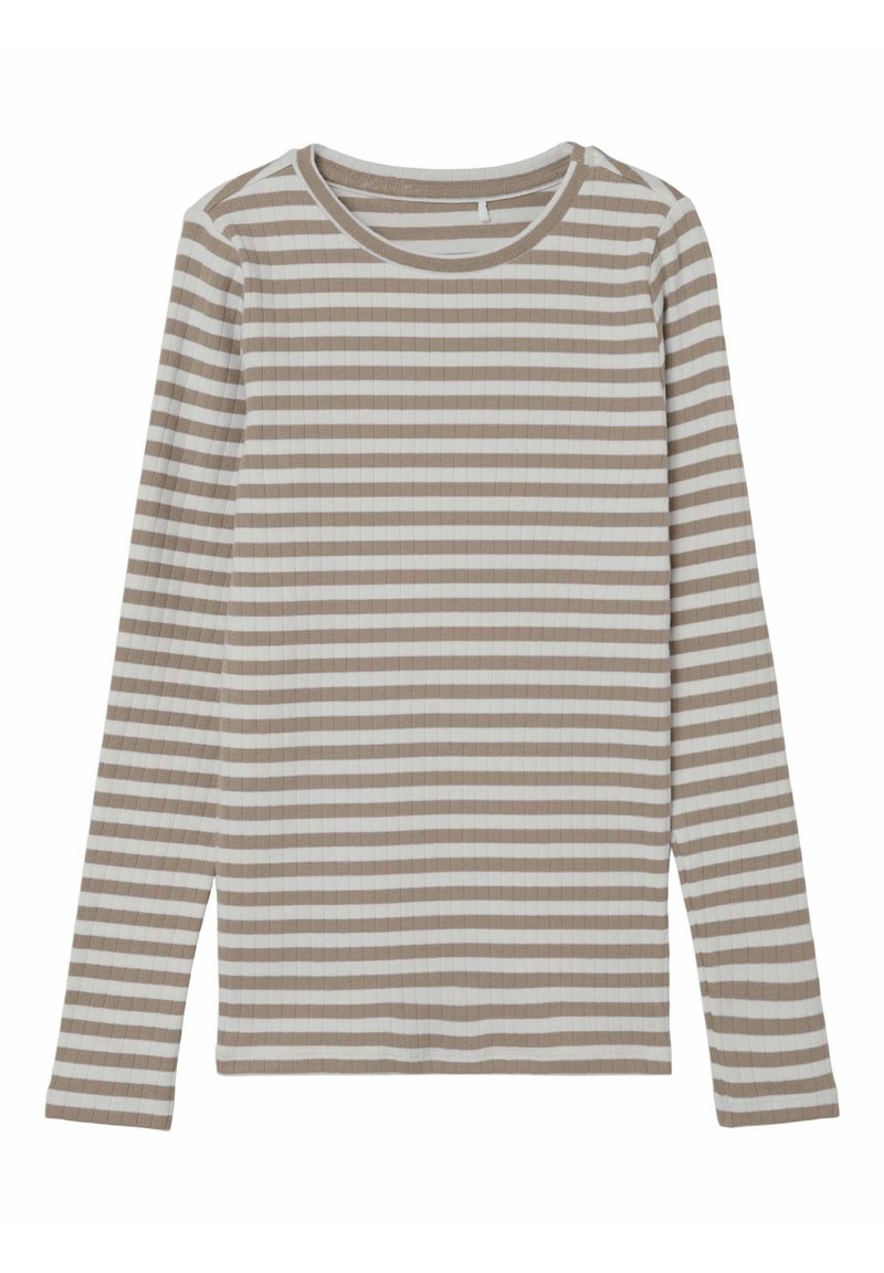 Chemise à manches longues en rayures beige et blanche, texture côtelée, col rond, avec un ourlet droit et des manches à poignet.