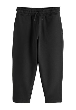 Schwarze kurze Jogginghose mit elastischem Bund und Kordelzug, vorderen Taschen und geradem Bein.