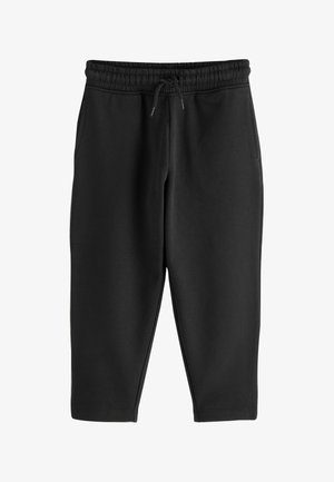 Sorte cropped sweatpants med elastisk talje og snøre, forlommer og lige ben.