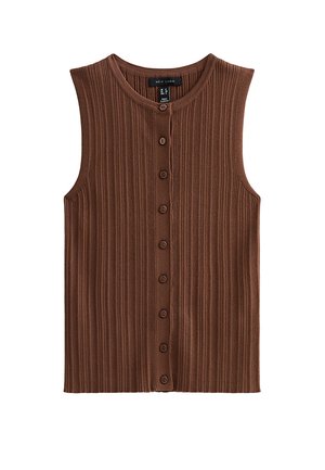 Haut marron sans manches en maille côtelée avec encolure ronde et boutons sur le devant courant verticalement au centre.