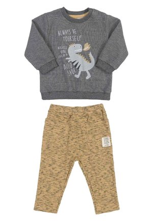Szary sweatshirt z graficznym motywem dinozaura i napisem; brązowe spodnie w melanż z kieszeniami. Miękkie tkaniny i ściągacze na rękawach sweatshirtu.