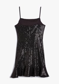 Robe noire à bretelles spaghetti ornée de sequins, avec un corsage ajusté et un ourlet à volants évasés au bas. Tissu lisse en dessous.