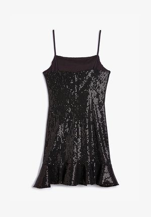 Czarna sukienka na ramiączkach ozdobiona cekinami, posiada dopasowaną górę i rozkloszowany, falbaniasty dół. Gładki materiał pod spodem.