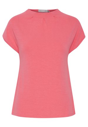 Coral pink short-sleeve T-shirt with a high neckline and subtle pleat detailing. Made from soft, lightweight fabric, relaxed fit.