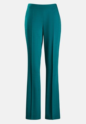 Teal wide-leg trousers made from smooth, textured fabric; features a high waistband and subtle vertical pleats for a streamlined appearance.