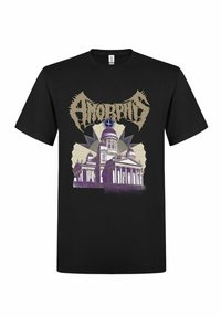 Černé bavlněné tričko s grafikou budovy s kopulí, obklopené paprsky a textem "Amorphis" v stylizovaném písmu.