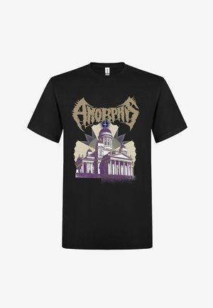 Camiseta de algodón negra con un diseño gráfico de un edificio con cúpula, rodeado de rayos y el texto "Amorphis" en letras estilizadas.