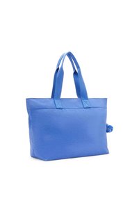 Borsa a spalla blu realizzata in tessuto resistente, con due manici robusti, forma piatta e superficie texture con un accento pom-pom su un lato.