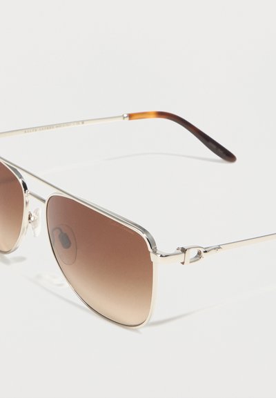 Γυαλιά ηλίου aviator με μεταλλικό πλαίσιο, φακούς σε καφέ διαβάθμιση και λεπτούς ασημένιους βραχίονες, με μία άκρη σε σκούρο καφέ χρώμα.