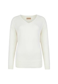 V-Ausschnitt-Pullover aus weichem weißen Stoff, mit langen Ärmeln und gerippten Bündchen. Klassisches Design mit lockerer Passform, ideal zum Layering.