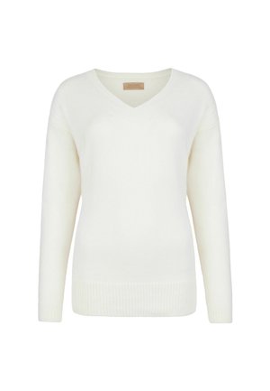 V-hals sweater i blødt hvidt stof, med lange ærmer og ribbede manchetter. Klassisk design med en afslappet pasform, ideel til lag-på-lag.