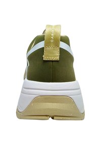 Green sneaker with a textured upper, white midsole, and gold accents. Features a back pull tab for easy wear.