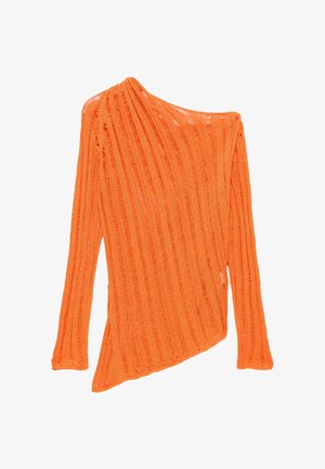 Asymmetrischer oranger Strickpullover mit langen Ärmeln, einem One-Shoulder-Design und einem gerippten Lochmuster.