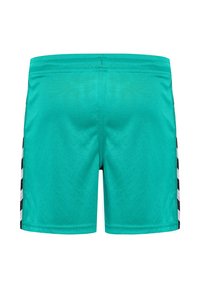 Korta turkosa shorts med en slät yta, utrustade med svarta och vita sidostripes samt ett elastiskt midjeband, designade för komfort.