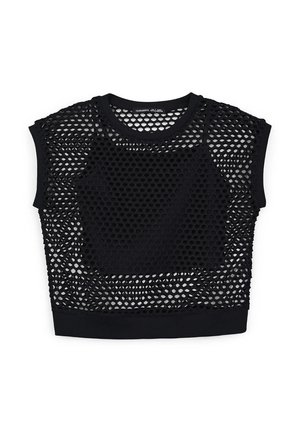 Crop top in rete nera con maniche corte, dotato di collo rotondo, motivo testurizzato e pannelli solidi per una maggiore copertura.