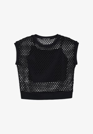 Crop top in rete nera con maniche corte, dotato di collo rotondo, motivo testurizzato e pannelli solidi per una maggiore copertura.