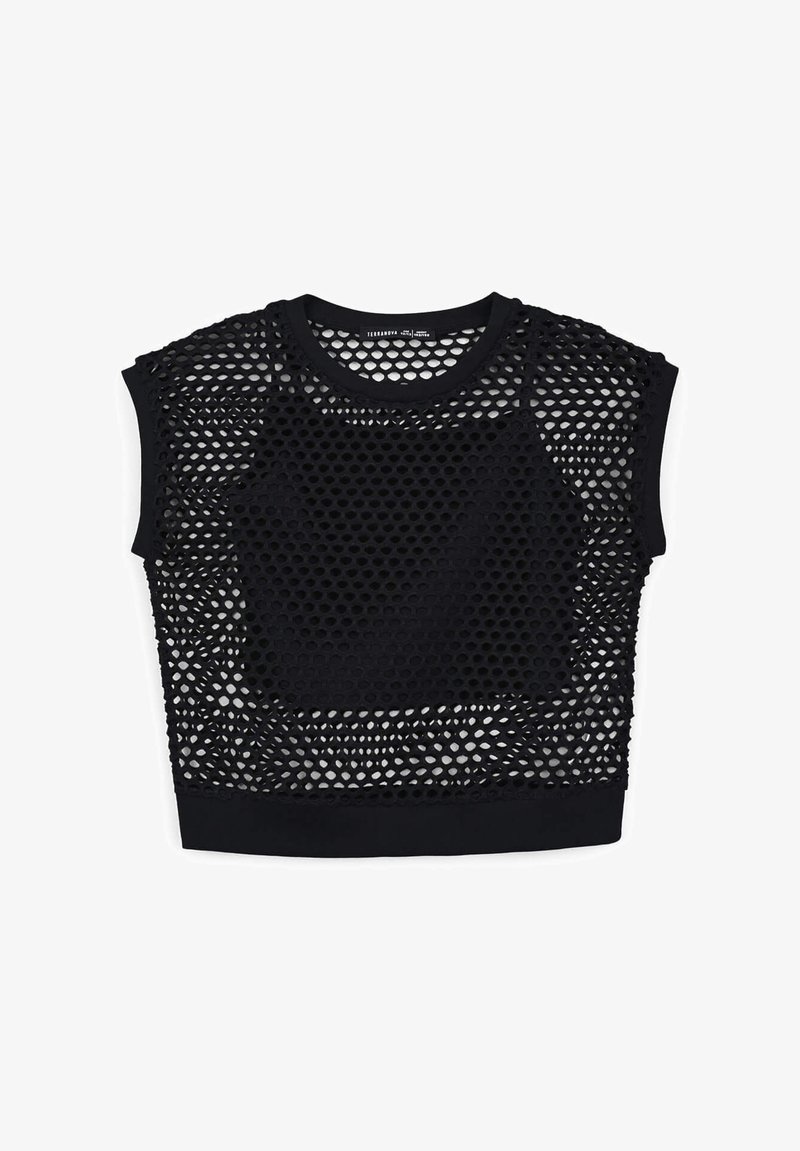Crop top in rete nera con maniche corte, dotato di collo rotondo, motivo testurizzato e pannelli solidi per una maggiore copertura.