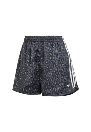 Černé šortky s leopardím vzorem, elastickým pasem a třemi bílými svislými pruhy po stranách.