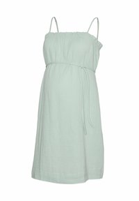 Jasnozielona, bezrękawnikowa sukienka ciążowa wykonana z teksturowanej tkaniny, z falbaniastym dekoltem i regulowanym wiązaniem w talii.