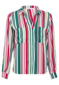 Chemise boutonnée avec des rayures verticales rouges, vertes, noires, blanches et roses. Manches longues avec deux poches avant. Texture de tissu douce.