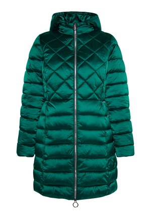 Zaļš quilted puffer mētelis ar kapuci, ar priekšējo rāvējslēdzēju, dimanta rakstu un spīguļojošu, gludu apdari.