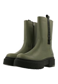 Groene rubberen enkellaarzen met een stevige zwarte zool, zijklep sluiting en een trekknoop. Heeft een gladde textuur en een strakke vormgeving.