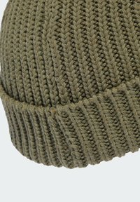 Căciulă tricotată de culoare verde măslinie, cu un model texturat de tip rib și margine răsucită. Fabricată din fir gros pentru căldură și durabilitate.