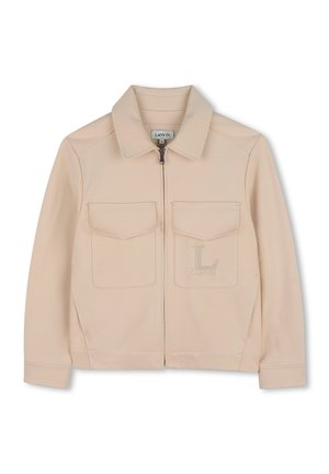 Beige lynlåsjakke med to frontklaplommer, krave, lange ærmer og subtilt præget "Lanvin"-logo på venstre lomme.